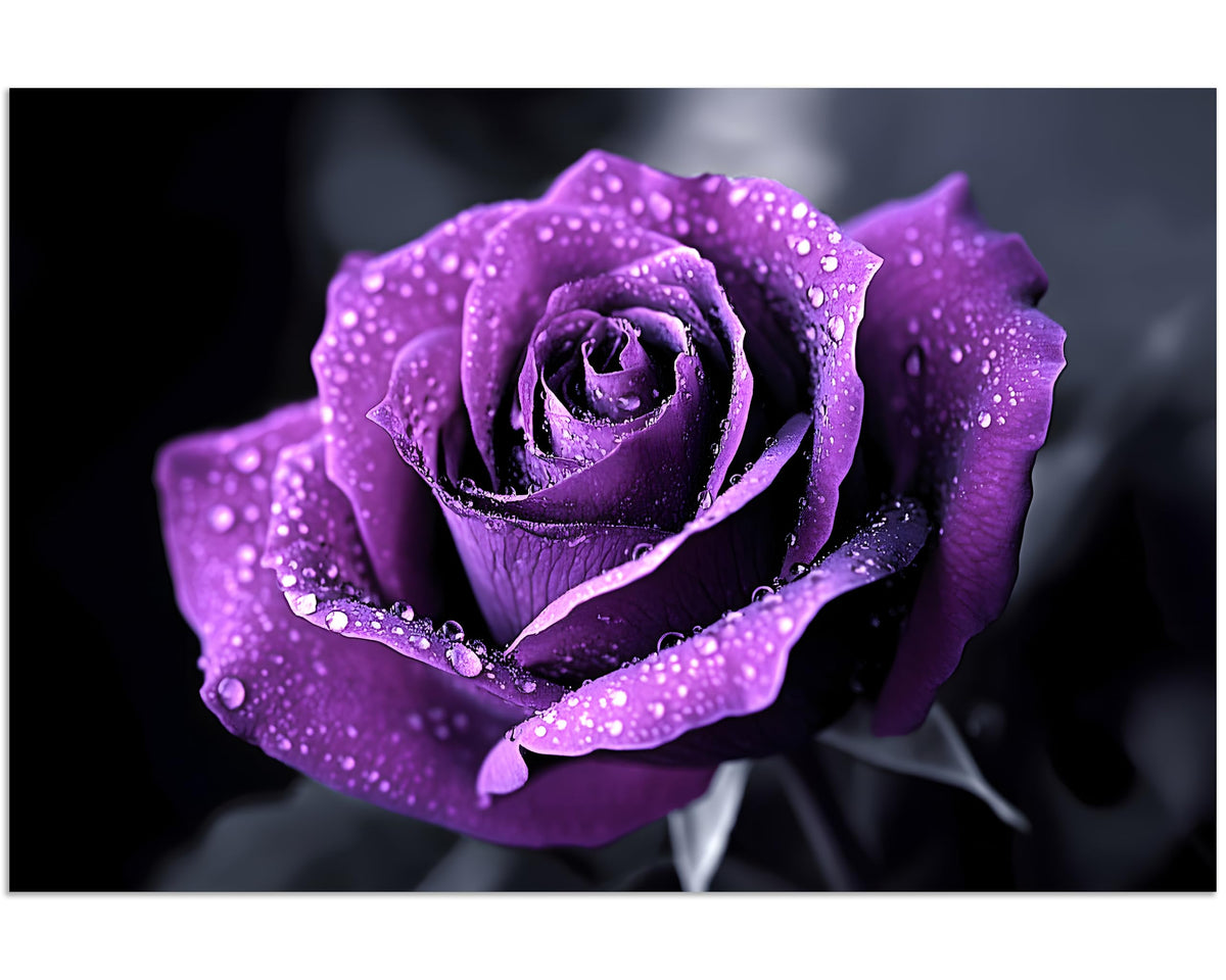1 Panel Purple Flower Pictures Canvas Wall Art Purple Black and White Purple Rose with Dewdrops Artwork Painting on Canvas Stretched and Framed for Home Decor Living Room 16x24 inch (24"L x 16"W / Purple Flower 12)