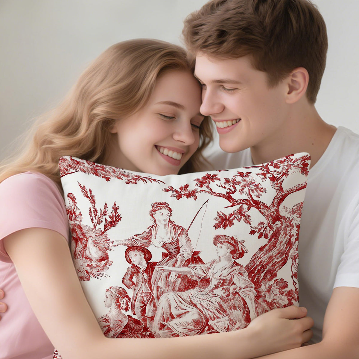 Red and White Toile de Jouy Pillow Cover 18x18 (White-classical-06)