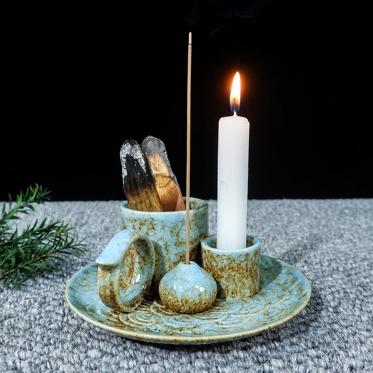 5-in-1 Ceramic Palo Santo Burner Holder Blue -Small Candle Holder (Blue)