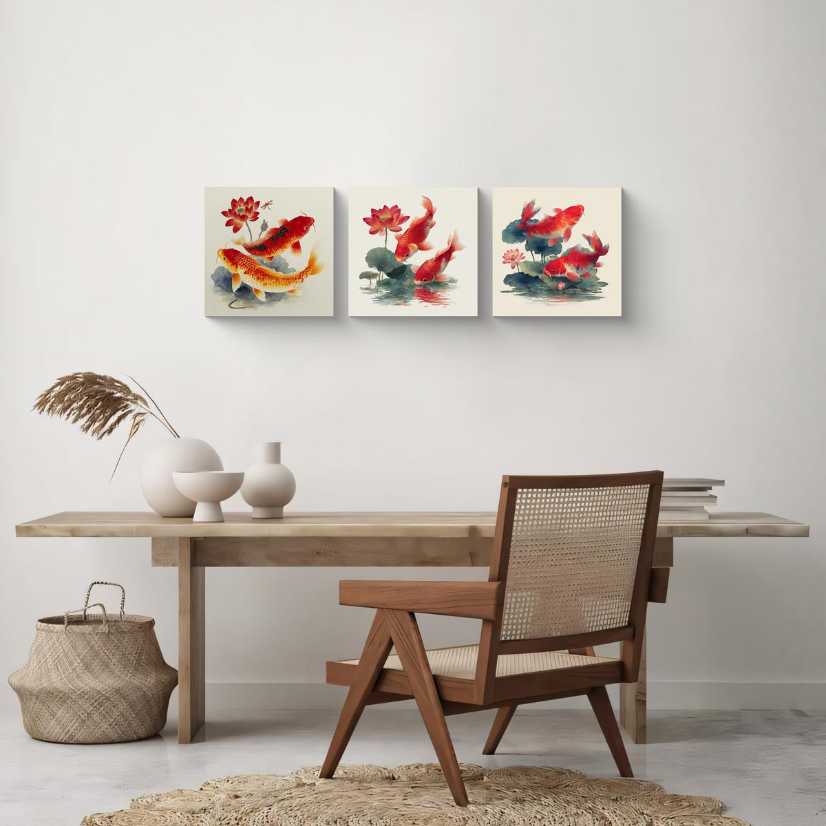 3Pcs Japanese Koi Fish Lotus Flower Wall Art Red Watercolor Zen Canvas Prints for Living Room Feng Shui Good Luck Animal Pictures Asian Oriental Floral Artwork Decor Ready to Hang (Zen Koi Canvas / 12x12inchx3)