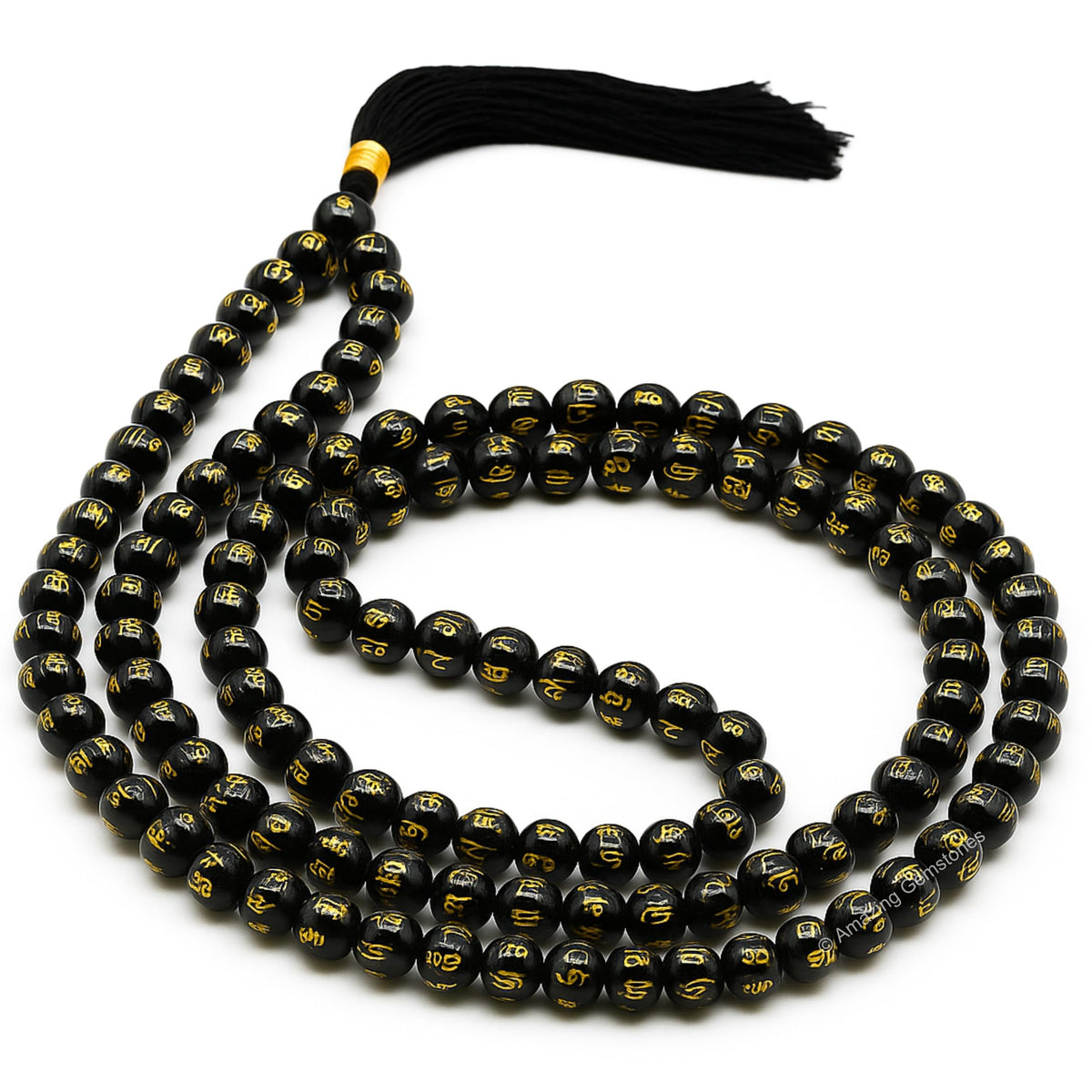 Black Agate Om Mani Padme hum Buddhist Prayer Beads Japa Mala with 108 Meditation Beads (Without Knots / Black Agate (Om))