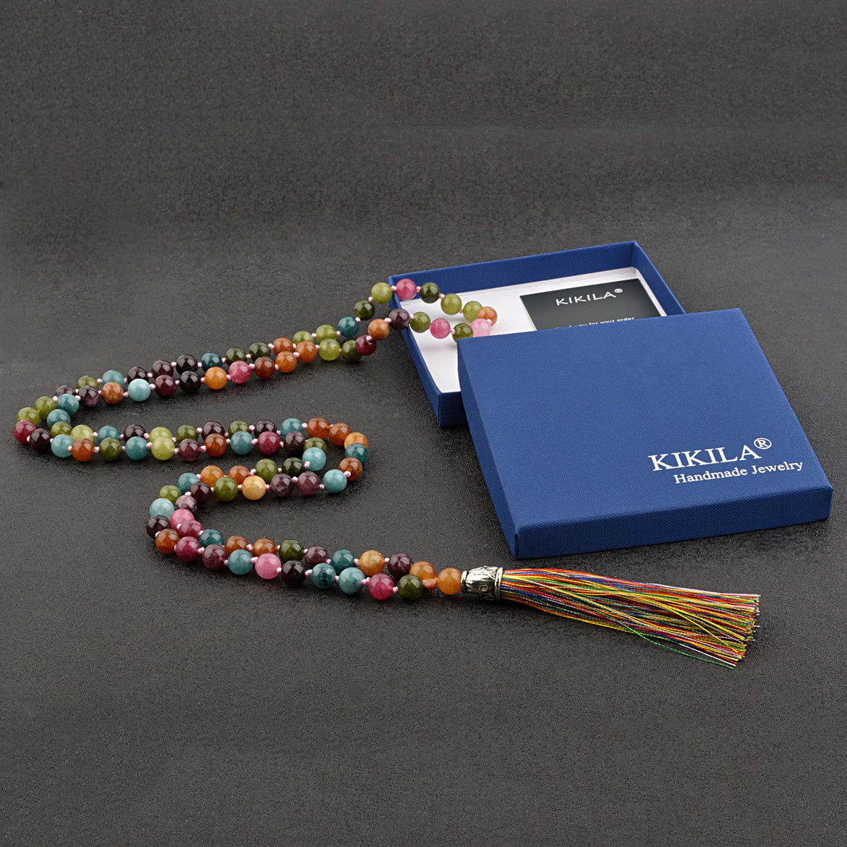 Mala Beads 108 Natural Stone GemStones Japamala Yoga Meditation Hand Knotted Beaded Tassel Necklace for Women Men (Colorful Tourmaline)