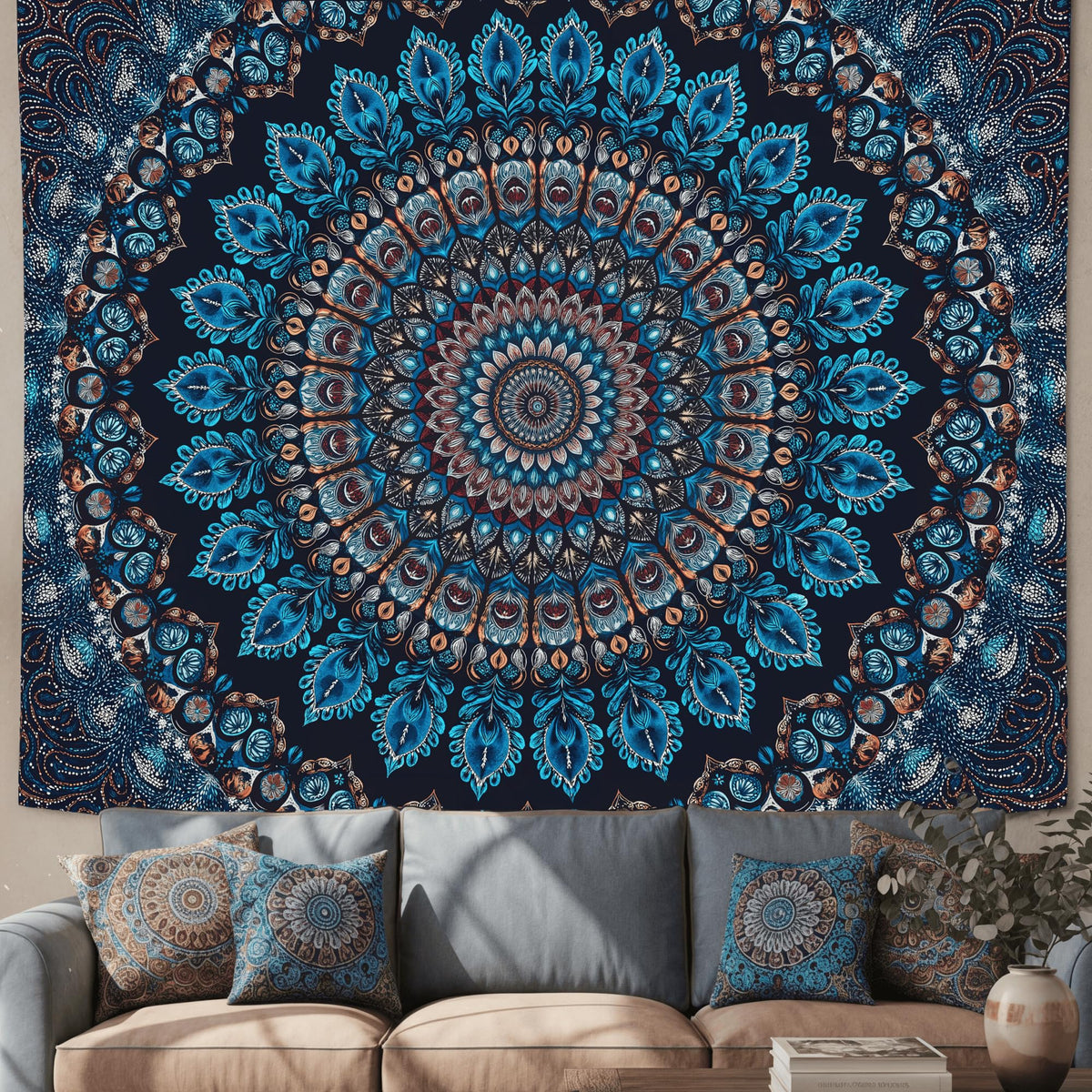 Blue Mandala Tapestry Wall Hanging Vintage Medallion Tapestry Aesthetic Hippie Boho Floral Cool Cute Large Tapestries for Bedroom Living Room Dorm Wall Decor 80 x 60 Inch (Bohemian / Navy Blue / 80"L x 60"W)