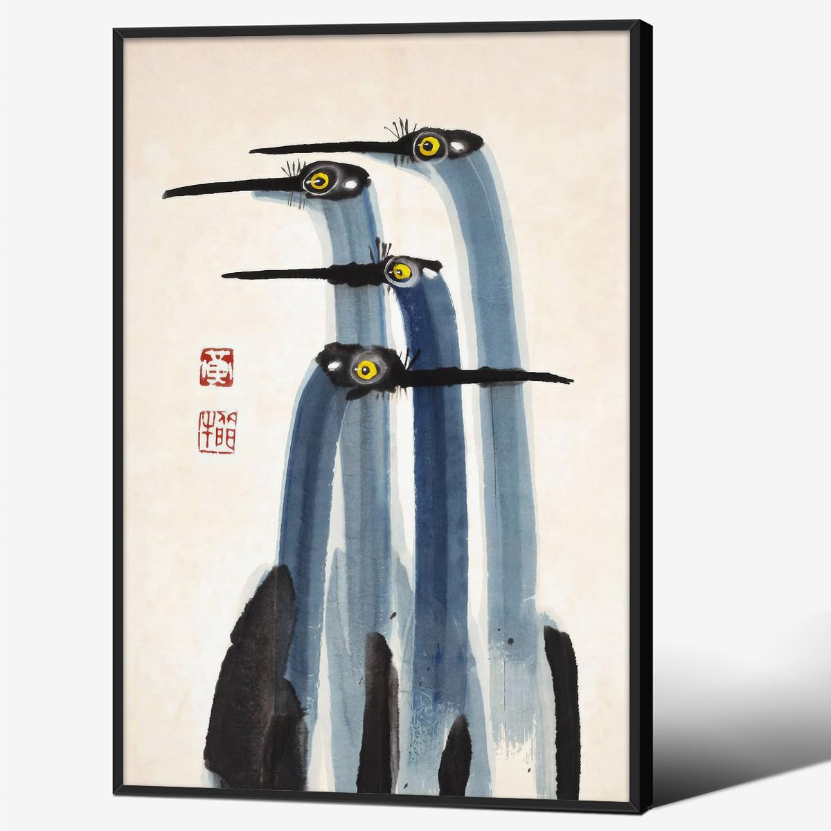 Vintage Japanese Crane Black Framed Poster Antique Asian Bird Canvas Wall Art 24x36 inch Blue Minimalist Animal Watercolor Prints for Country Farmhouse Wall Decor for Living Room Study Office Ready to hang (Black Framed / Japanese Decor / 36"L x 24"W)