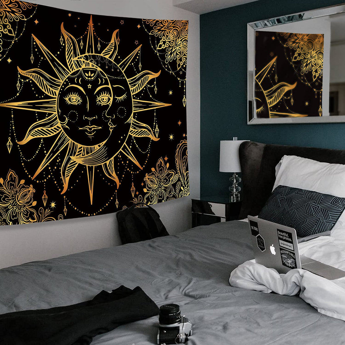 Hippie Sun and Moon Tapestry Bohemian Tapestry Aesthetic Cute Tapestries for Bedroom and Living Room Decor Sun 50×60 Inches (Golden Black / 60"L x 50"W)