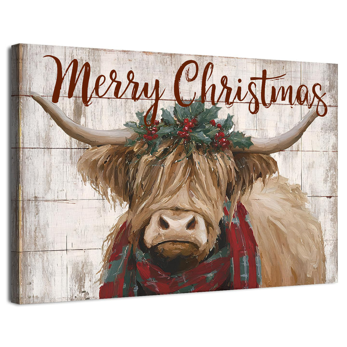 Merry Christmas Wall Art Farmhouse Highland Cow Pictures Wall Decor for Living Room Rustic Country Farm Animal Canvas Prints Vintage Christmas Artwork for Kitchen Dining Room Home Decorations 32x48" (48"L x 32"W / Xmas Cow)