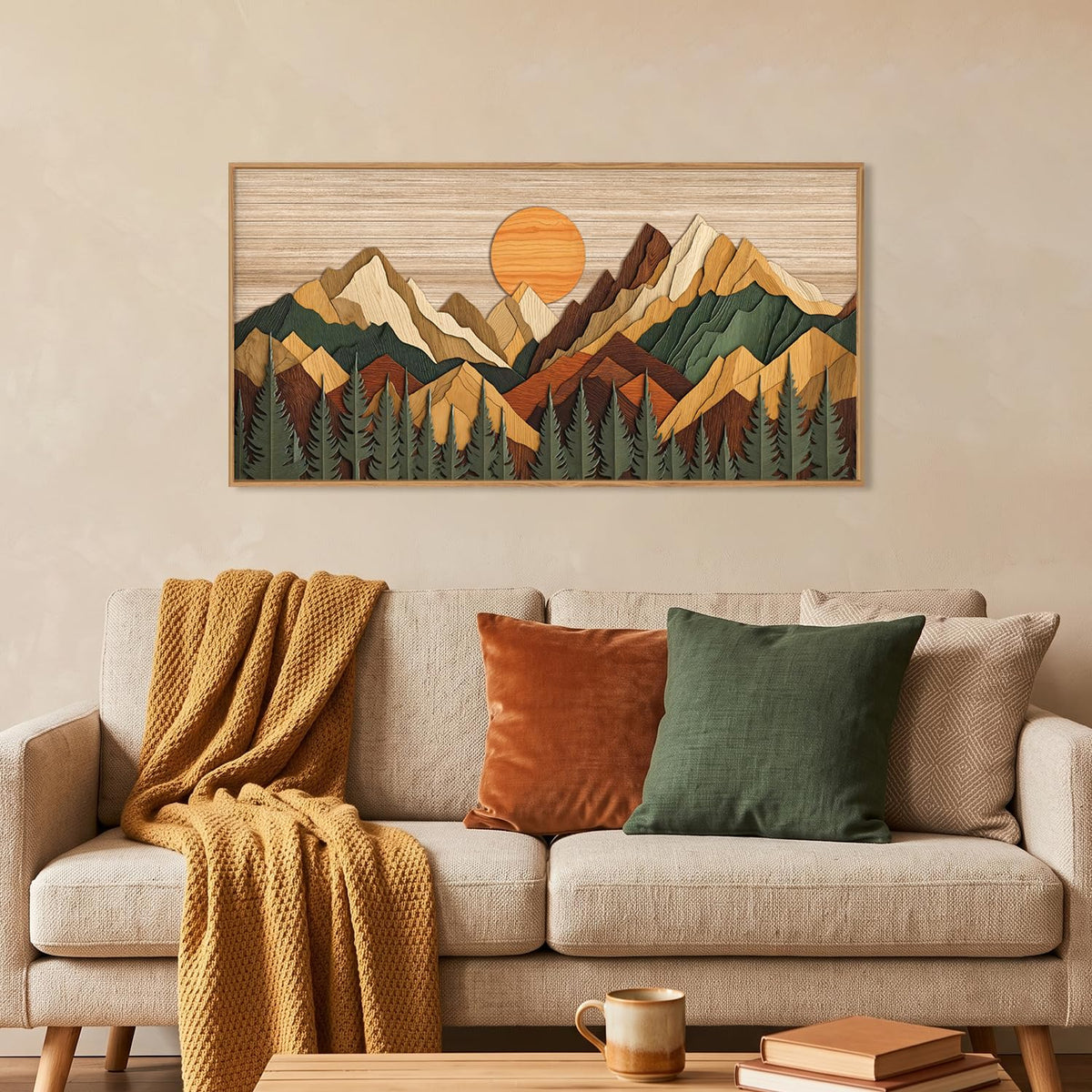 Boho Woodcut Style Mountain Framed Canvas Wall Art Set (Wooden Mountain Wall Art / 40"L x 20"W)