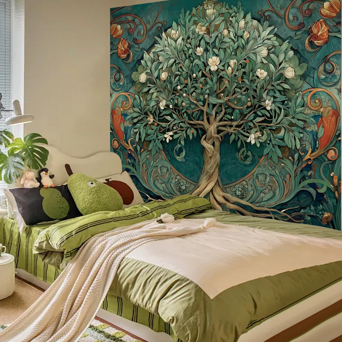 Tree of Life Vintage Tapestry for Bedroom Aesthetic (Green Tree of Life Tapestry / 60"L x 51"W)