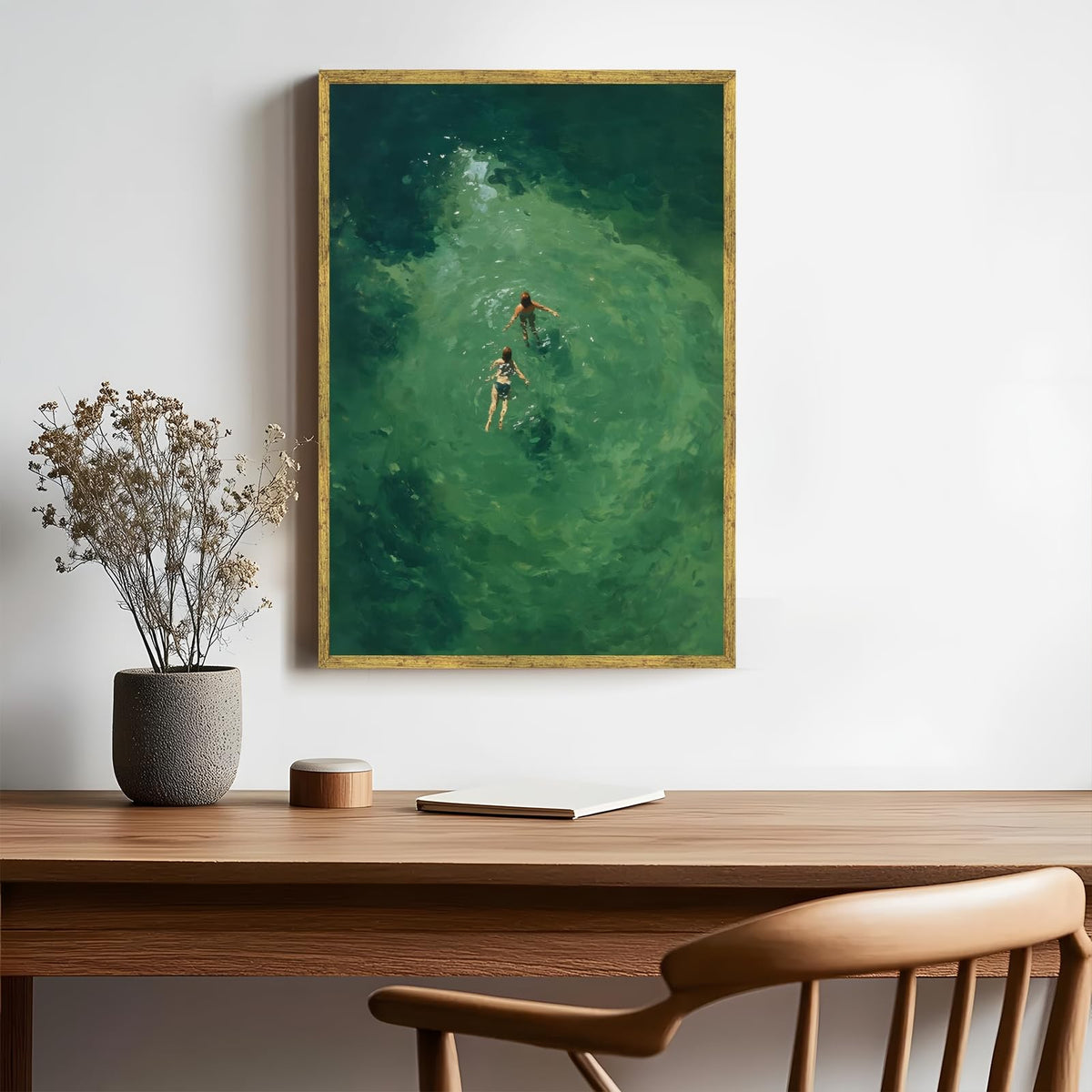 Gold Framed Swimmers Wall Art Swimming in Green Abstract Canvas Poster Aerial View Summer Ocean Painting Print Minimalist Relaxing Coastal Artwork for Bedroom Beach House Decor 12x18inch (12"L x 18"W / Swim - Gold Frame)