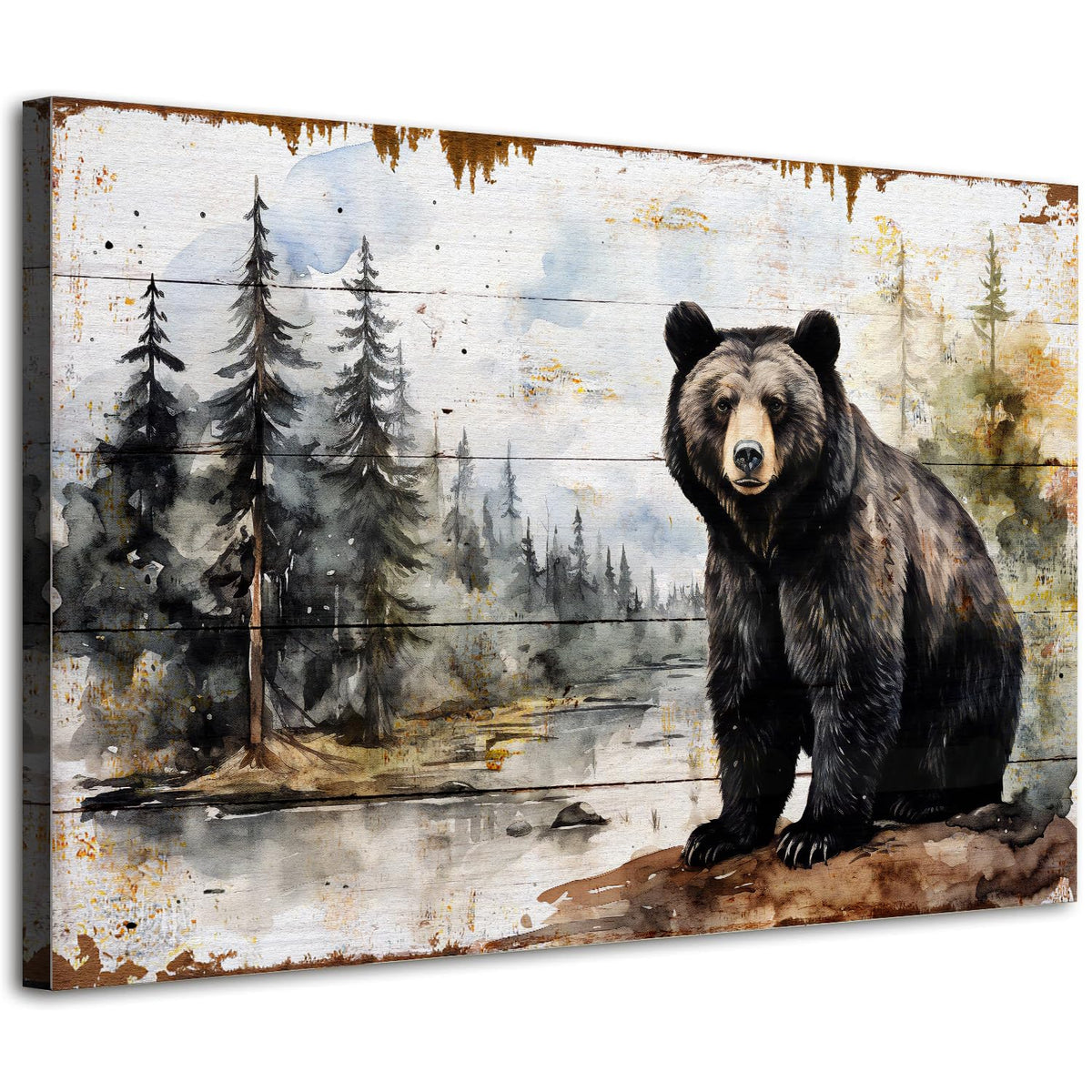 Farmhouse Bear Pictures Wall Decor Wildlife Animals Wall Art Abstract Mountain Forest Picture Canvas Prints for Kitchen Dining Room Woodland Pine Trees Forest Poster Painting Artwork Decoration 16x24” (24"L x 16"W / Bear Forest)