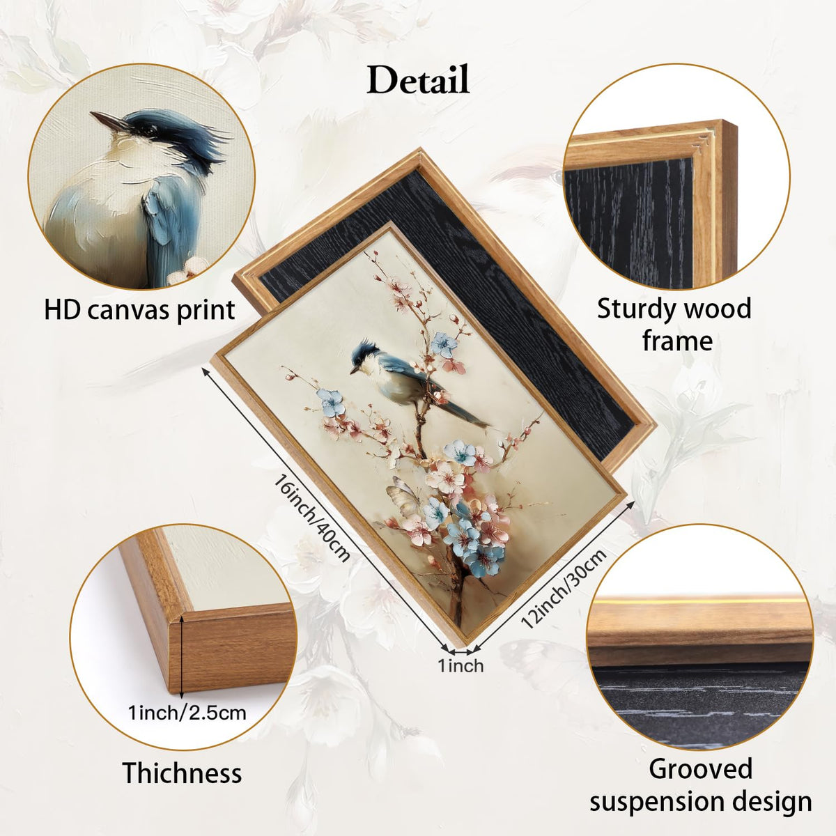 Bird and Blossom Framed Canvas Wall Art Set Of 3 (Bird)
