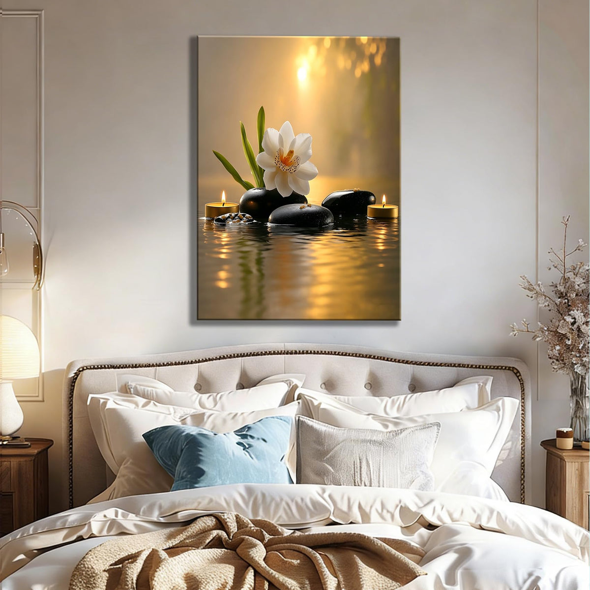 Framed Spa Orchid Zen Stone Canvas Wall Art (Pictures34 / 30"L x 20"W)