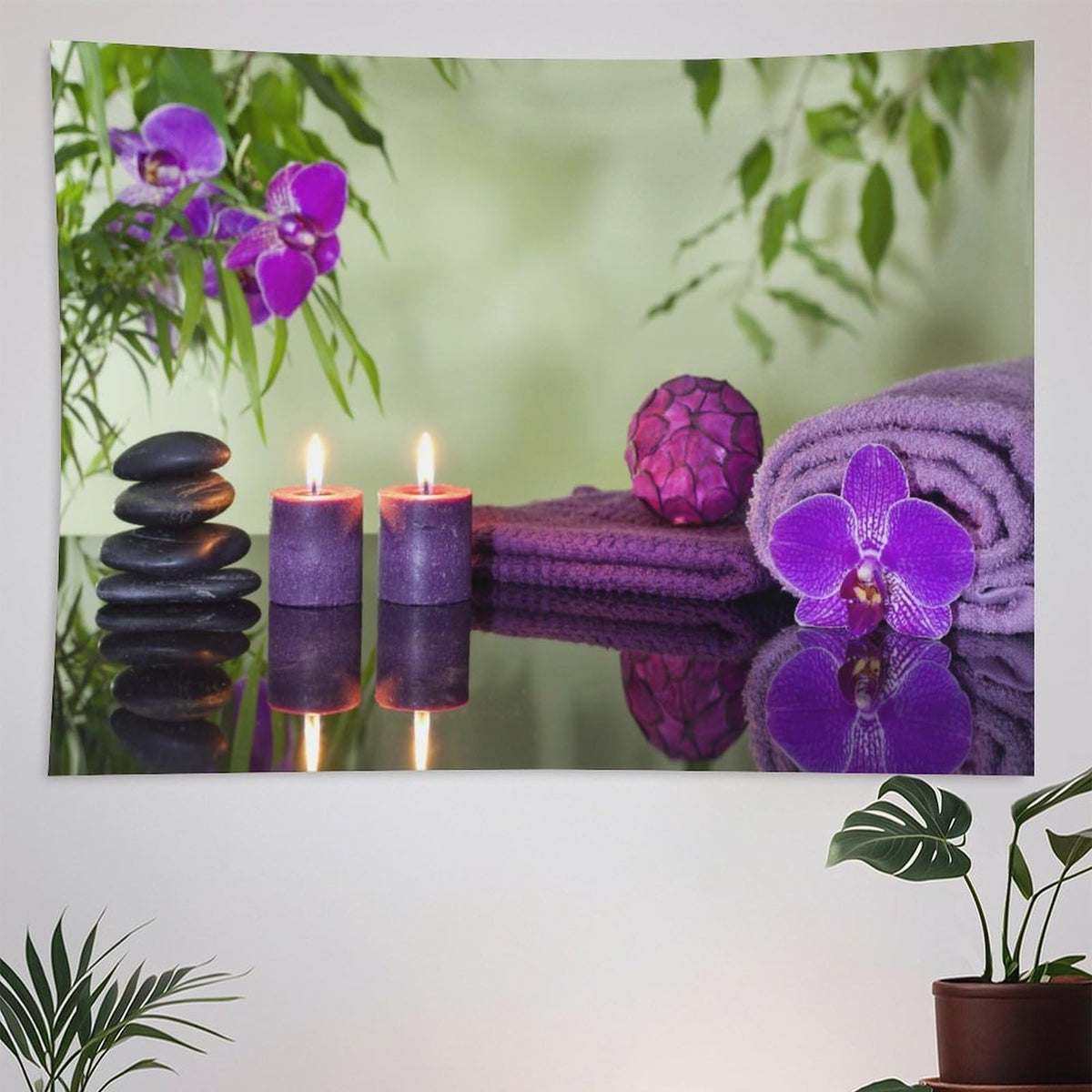 Spa Zen Tapestry Wall Hanging Asian Stones Purple Candles Orchids Bloom Aromatic Tapestries Home Decor for Living Room Bedroom Farmhouse Kitchen Dorm 40"x60" (40"L x 60"W / Zen-5)