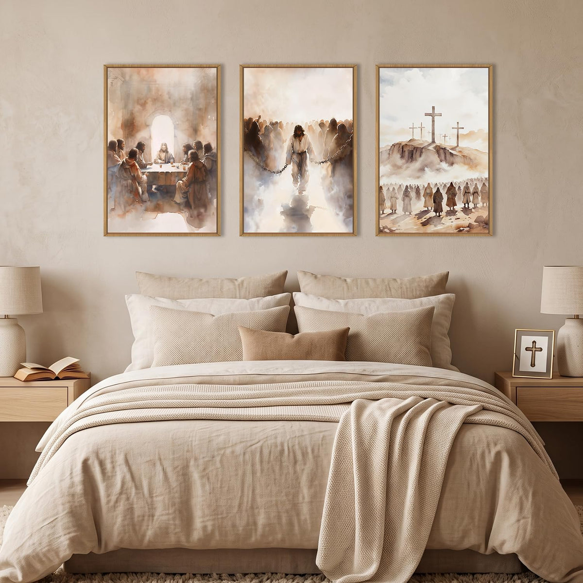 Large Jesus Neutral Framed Canvas Wall Art Set (Neutral Jesus Wall Art / 36"L x 24"W)