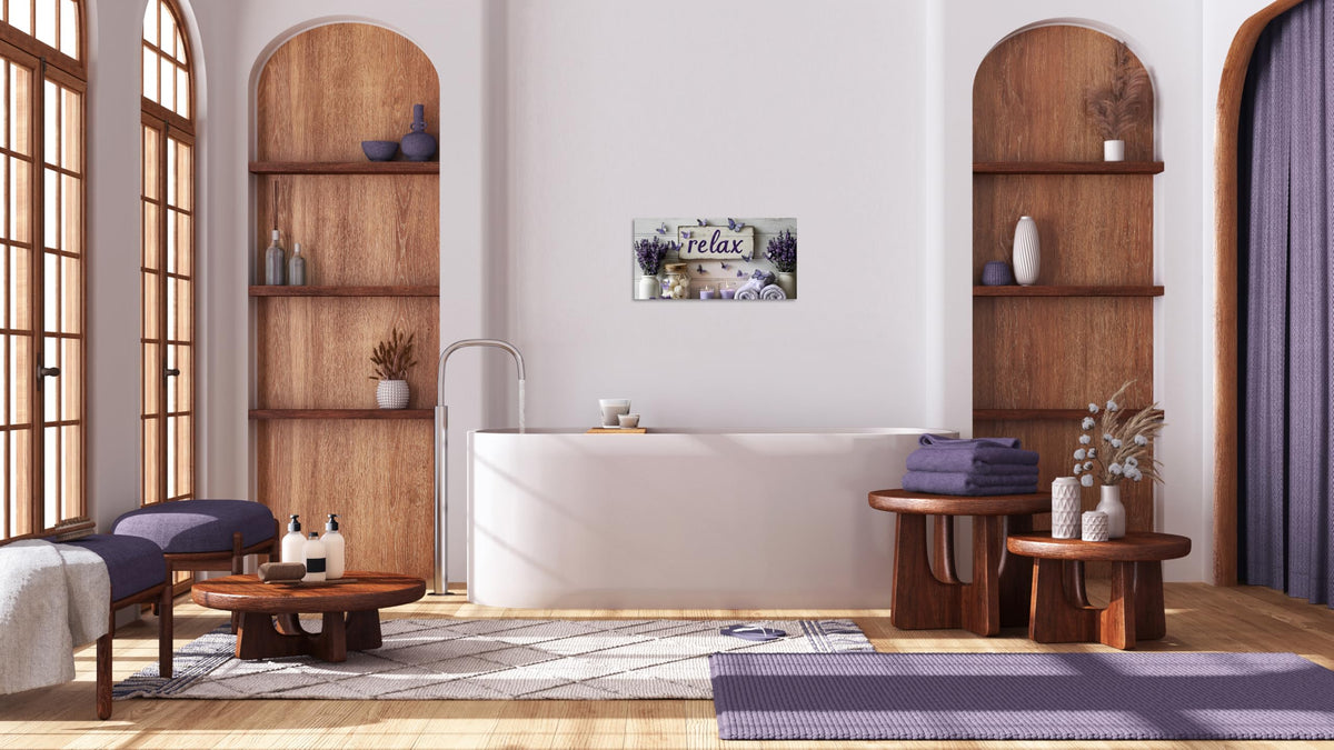 1 Panel Purple Wall Art Purple Bathroom Canvas Wall Decor Relax Soak Canvas Art Butterfly Floral Print Poster Artwork Bathroom Washroom Painting Pictures Ready to Hang 16"x32" (32"L x 16"W / Purple Flower 17)