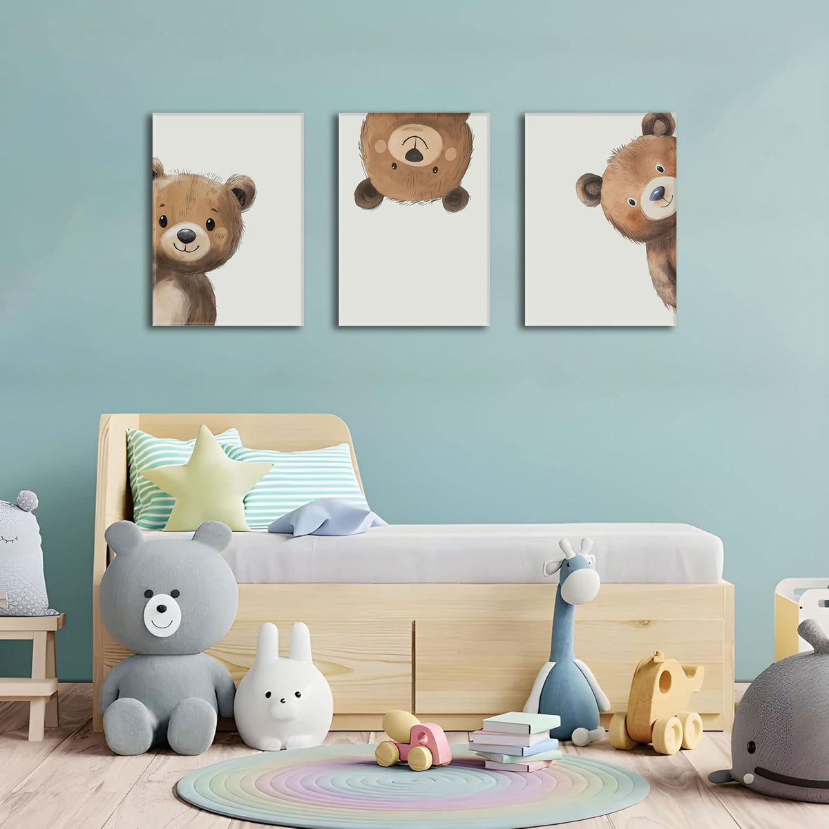 3 Piece Baby Bear Canvas Wall Art Nursery Funny Animal Wall Art Cute Bear Pictures Wall Decor Kids Baby Boy Animal Art Prints for Children's Room Bedroom 12"X16" Framed (Teddy bear / 12x16in)