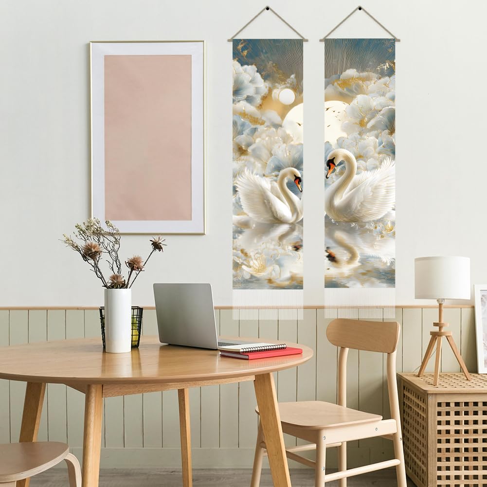 2Pcs Swan Wall Tapestry Lovers Swan Art Wall Hanging Decor Gilded Floral Vertical Long Tapestry Home Decor for Bedroom Living Room Home Office Decoration (white-swan)