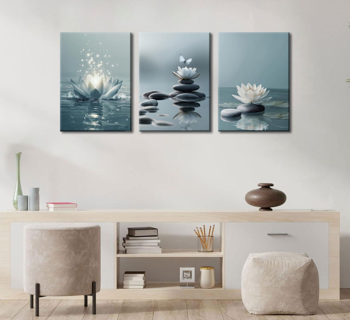 3Pcs Zen Stones Lotus Spa Canvas Wall Art White Lotus Blooming on Stones Painting Picture Wall Decor Modern Spiritual Poster Print Artwork for Yoga Meditation Spiritual Room Bathroom Home Decoration (Canvas / 24L" x 16W")