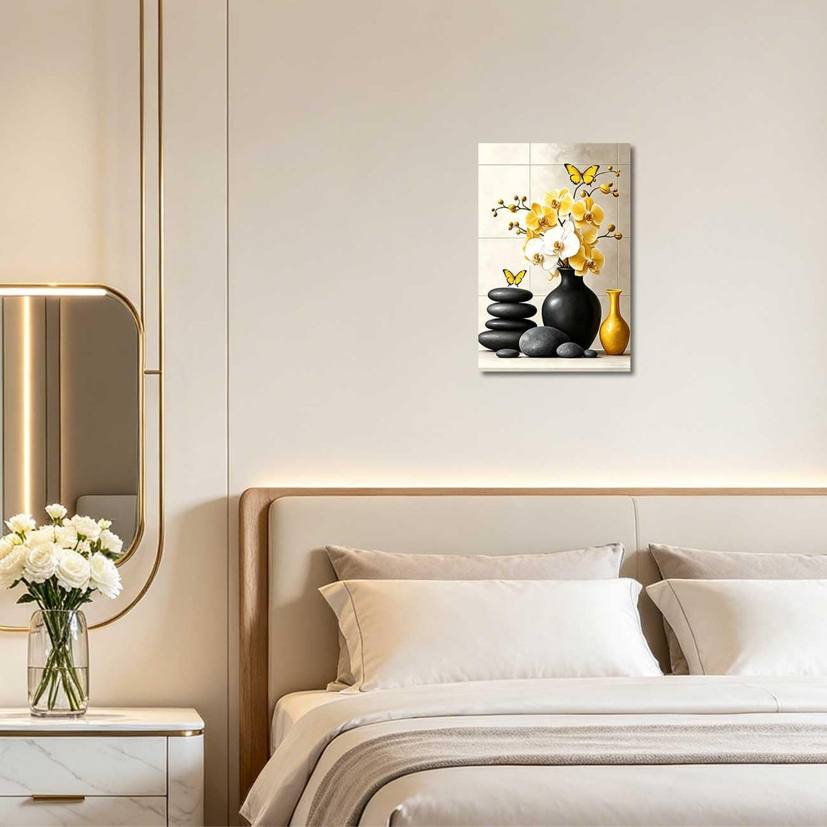 Orchid Flower Canvas Wall Art Zen Bathroom Pictures Prints Spa Stone Butterfly Wall Decor Black White Yoga Meditation Paintings for Living Room Bedroom (Yellow / 36"L x 24"W)