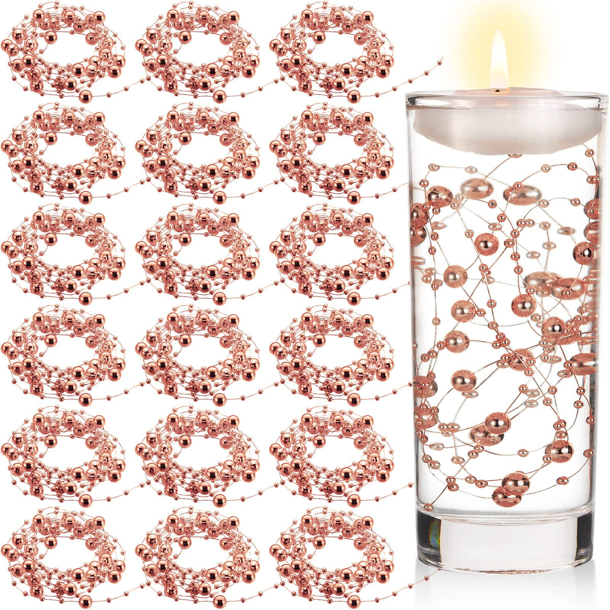 157 Feet 24 Strings Pearl String for Vases Floating Candles (Rose Gold)
