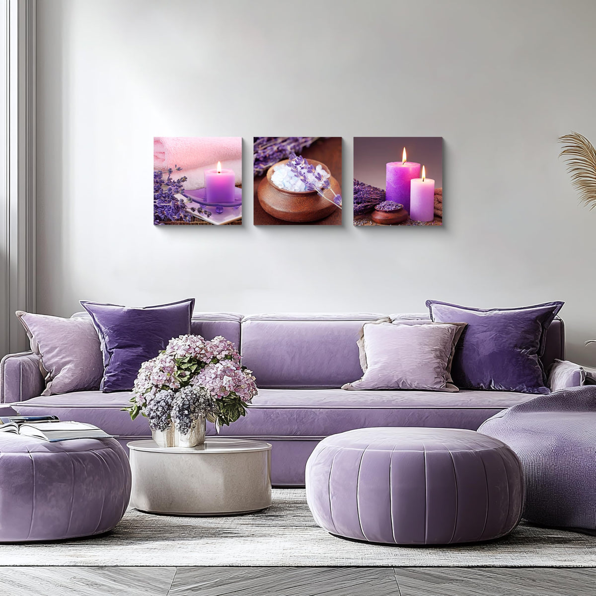 Zen Canvas Wall Art Spa Still Life With Purple Aromatherapy Candles And Zen Stone Aroma Lavender Flower Painting Pictures Print on Canvas Ready to Hang for Bathroom Decoration (12X12inchX3pcs / aromatherapy)