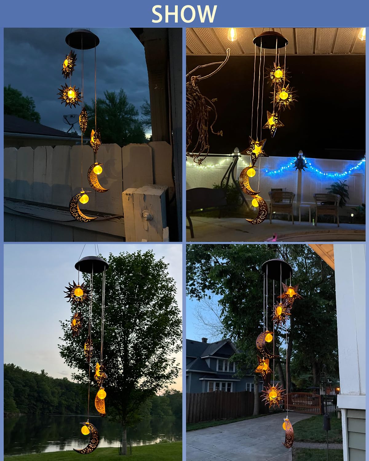 Solar Wind Chimes for Outside with Sun Moon Star Solar Hanging Lights Windchimes Outdoors Garden Decor Gifts for Mother