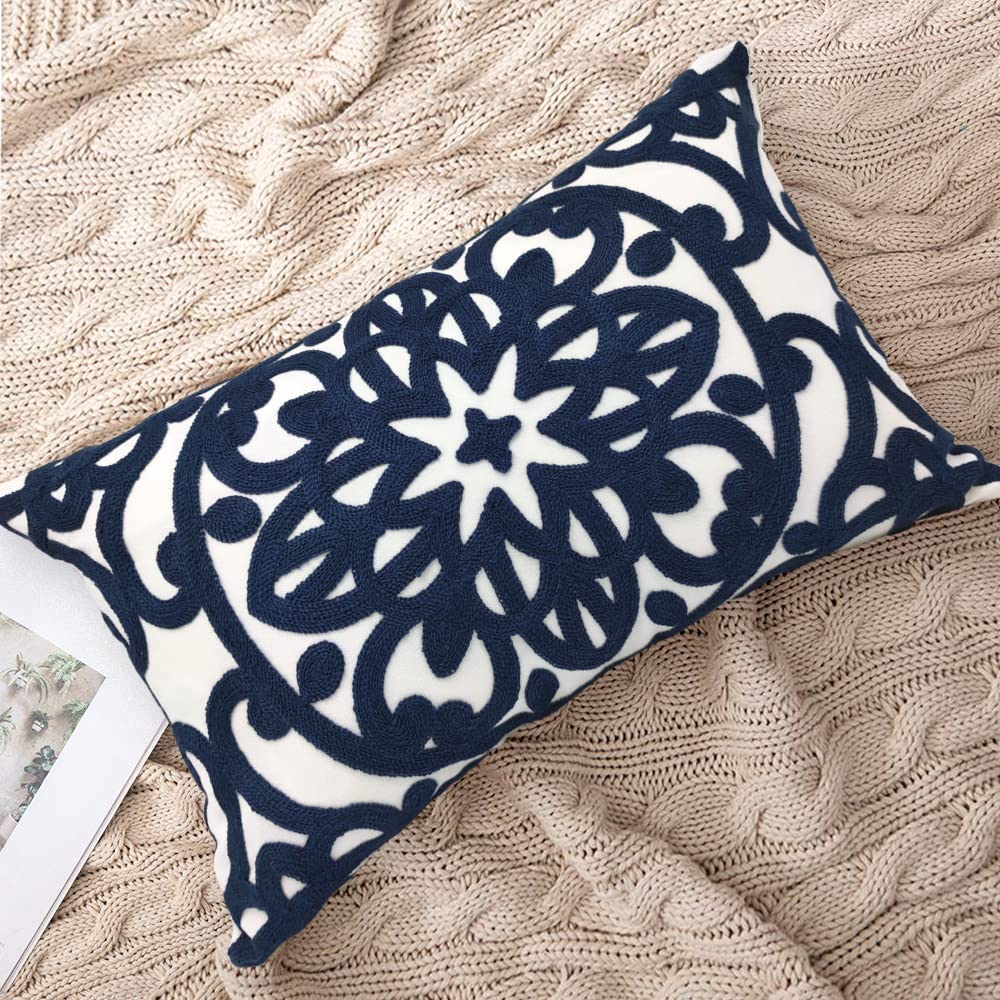 Boho Embroidered Lumbar Throw Pillow Cover 12"x 20" Set of 2 Navy (Navy / 20" x 12" (Pack of 2))