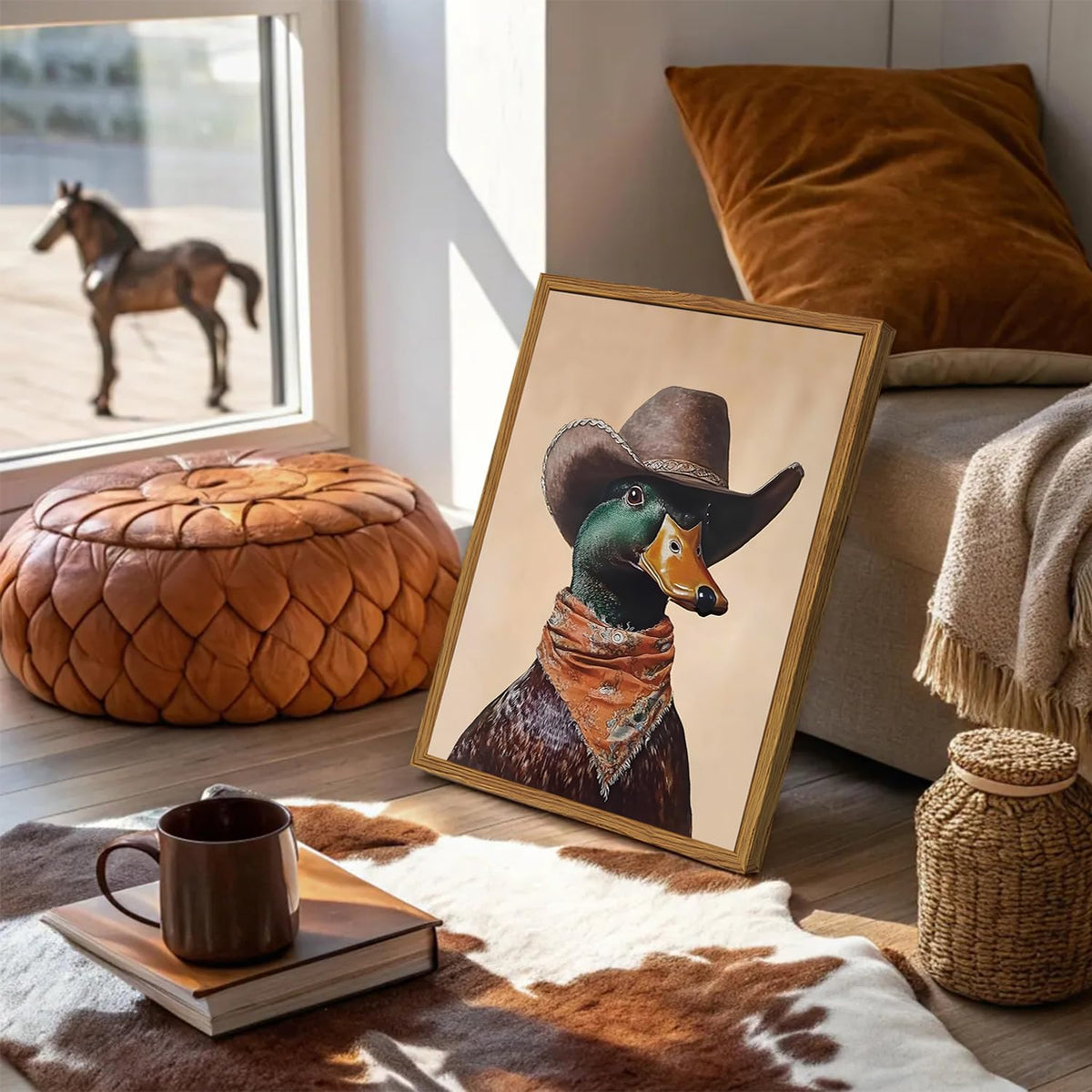 Framed Vintage Western Duck Wall Art (Cowboy Mallard Duck / 16"L x 12"W)