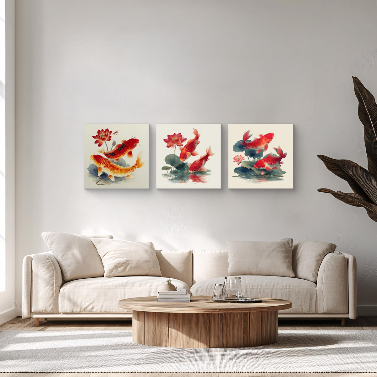 3Pcs Japanese Koi Fish Lotus Flower Wall Art Red Watercolor Zen Canvas Prints for Living Room Feng Shui Good Luck Animal Pictures Asian Oriental Floral Artwork Decor Ready to Hang (Zen Koi Canvas / 16x16inchx3)