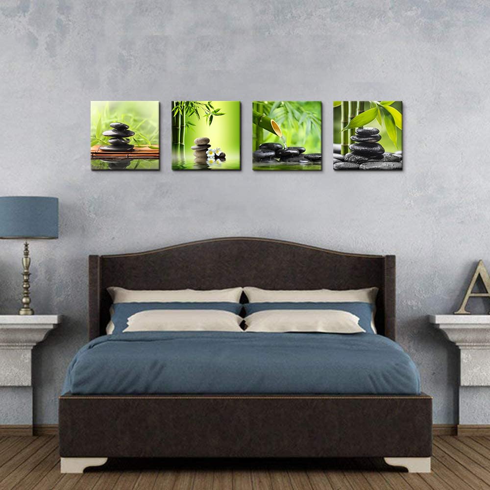 Bathroom Wall Decor Zen Canvas Prints Meditation Picture Painting Green Room Decor Bedroom Wall Art Living Room Yoga Spa Office Artwork Posters Prints Framed Home Decorations12x12x4pcs (Azen green 00 / 12"L x 12"W)