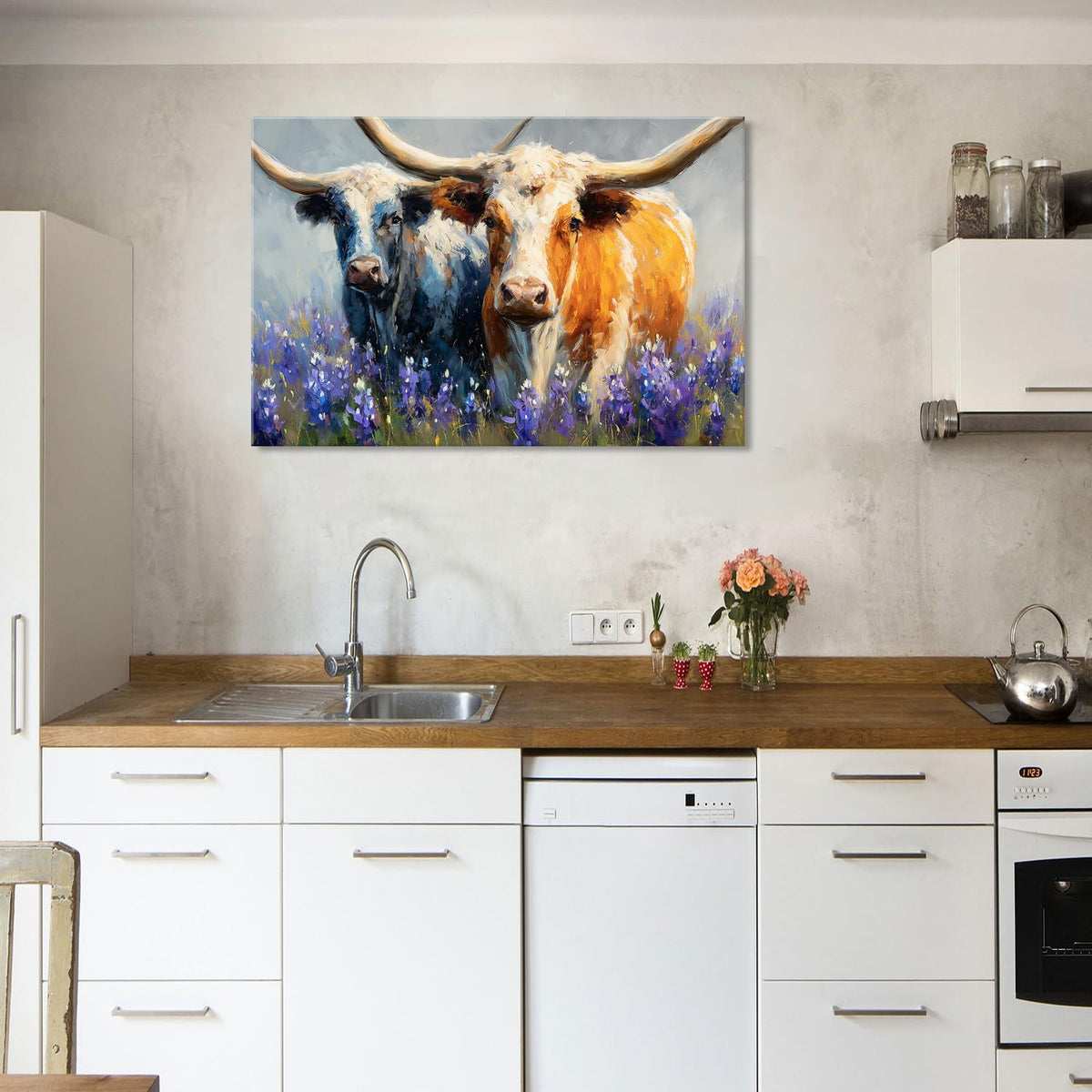 Farmhouse Highland Cow Wall Art Western Wall Decor Kitchen Living Room Large Highland Cow Picture Canvas Prints Decor Abstract Nature Country Animals Painting Poster Lavender Landscape Artwork 32x48” (48"L x 32"W / HighlandCow2)
