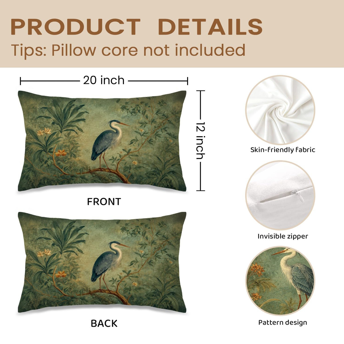 Vintage Floral Blue Heron Bird Pillow Cover 12x20 Set of 2 (White-blue Heron Bird Set 3)