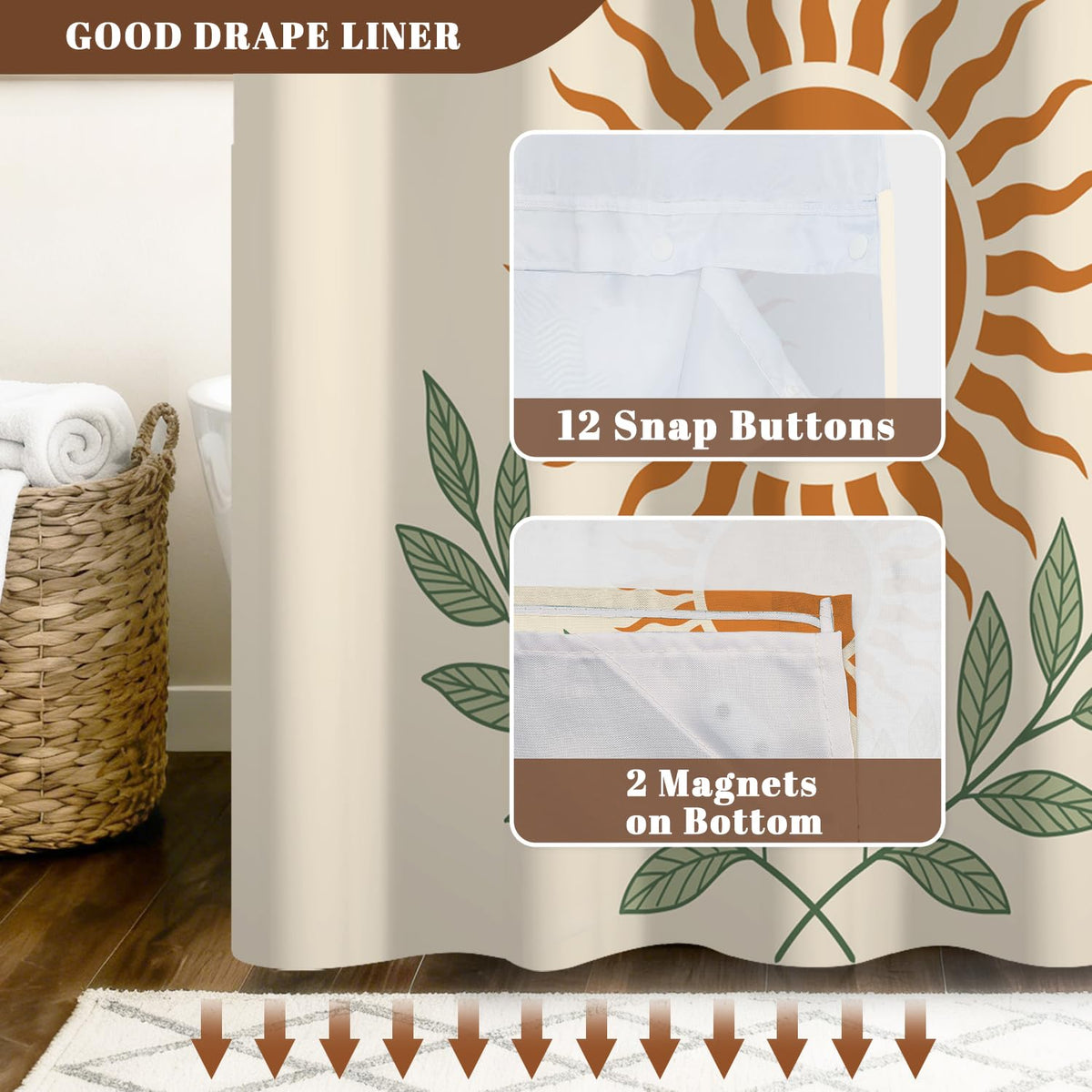 No Hook Boho Shower Curtain with Snap in Removable Liner (Sun and Leaf)