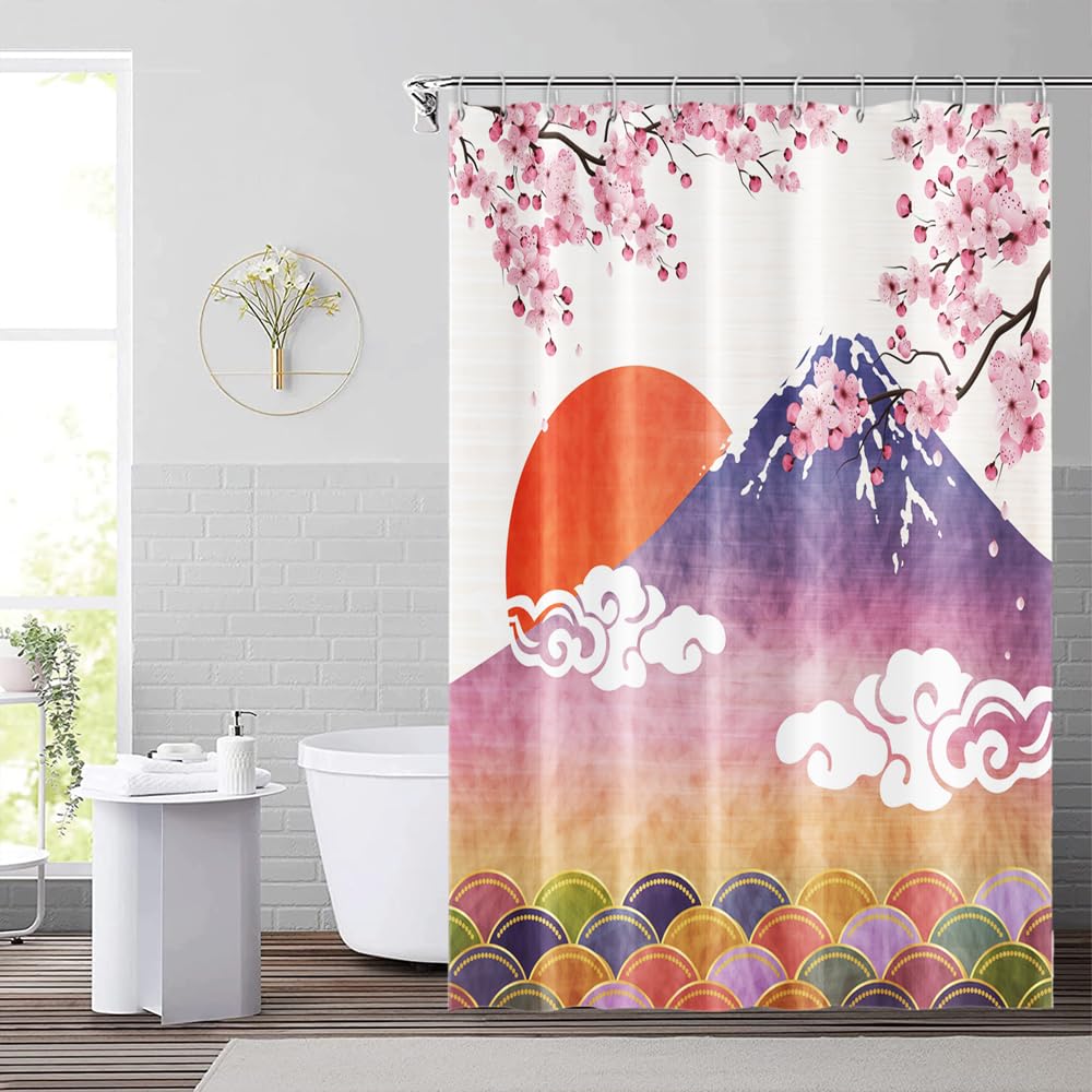 Japanese Cherry Blossom Shower Curtain Set for Bathroom Asia Cherry Blossom Shower Curtain Sun Clouds Pink Purple Fuji Mountain Sea Ocean Wave Spring Floral Flowers Waterproof Fabric (72"W x 96"L (Pack of 1) / Pink Purple)
