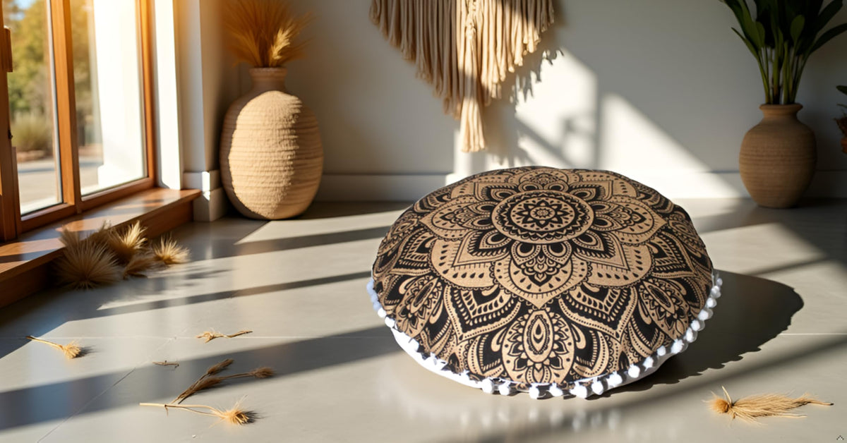 32" in Round Mandala Floor Pillow Cushion Cover Seating Throw Cover Hippie Decorative Bohemian Ottoman Poufs Pillow Cover Cases Boho Cotton Living Yoga Home Décor Room (Black Gold Flower)