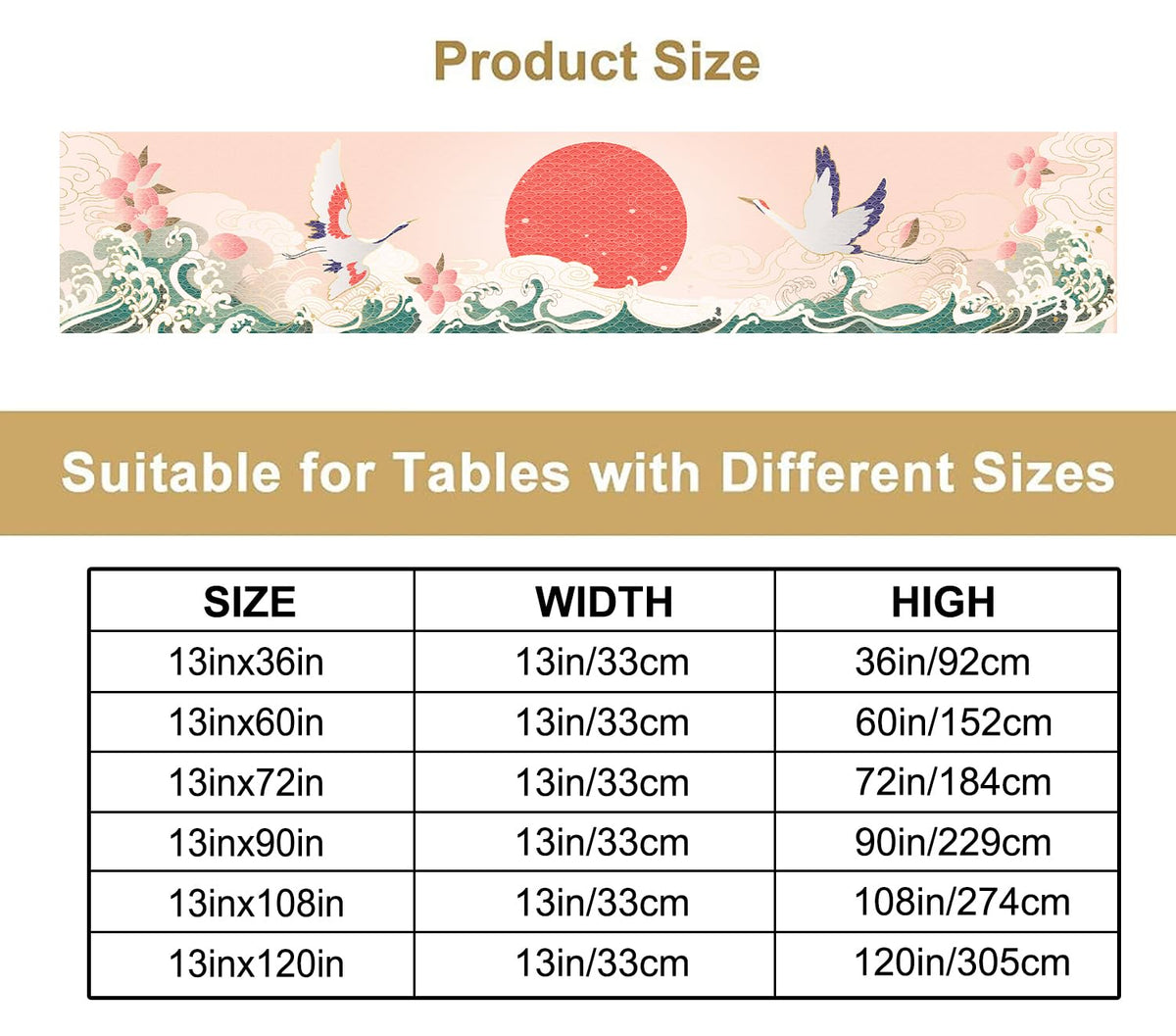 Japanese Gold Crane Table Runner (13x90inch / Pink Japanese)