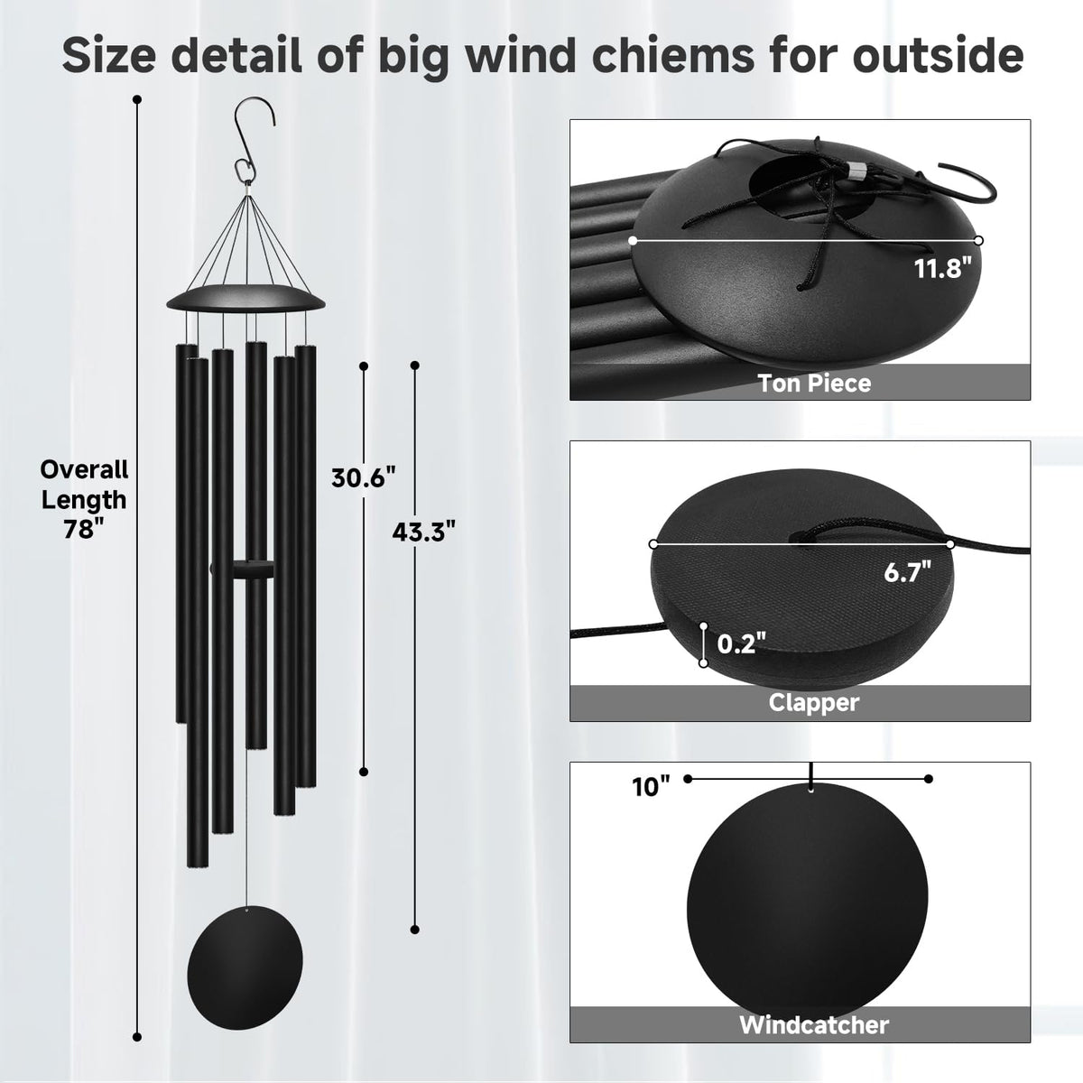 78" Extra Large Wind Chimes for Outside (Black / 78")
