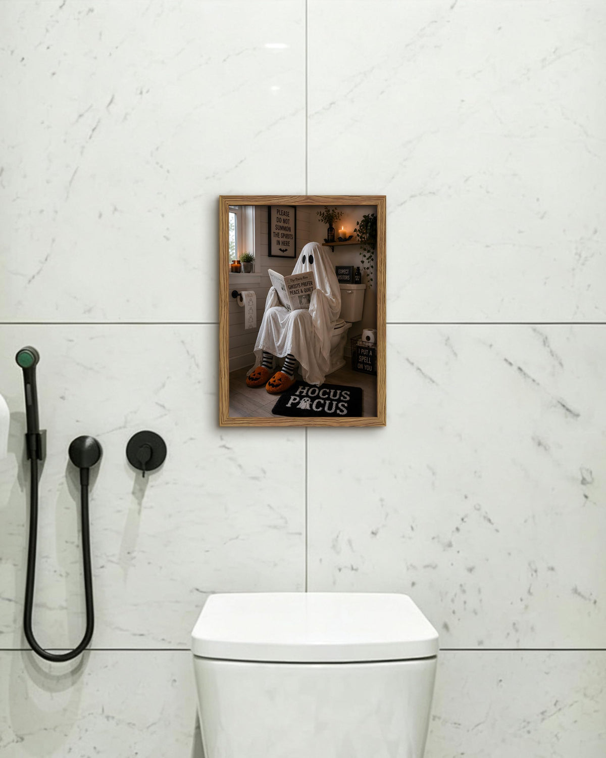 Framed Funny Halloween Bathroom Wall Art (A-White Ghost / 16"L x 12"W)