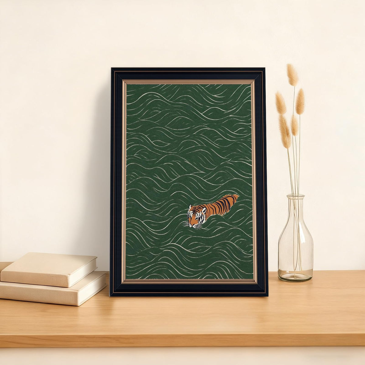 Framed Japanese Tiger Swimming Wall Art Ukiyo (16"L x 24"W / Style-3 Retro Black Frame)