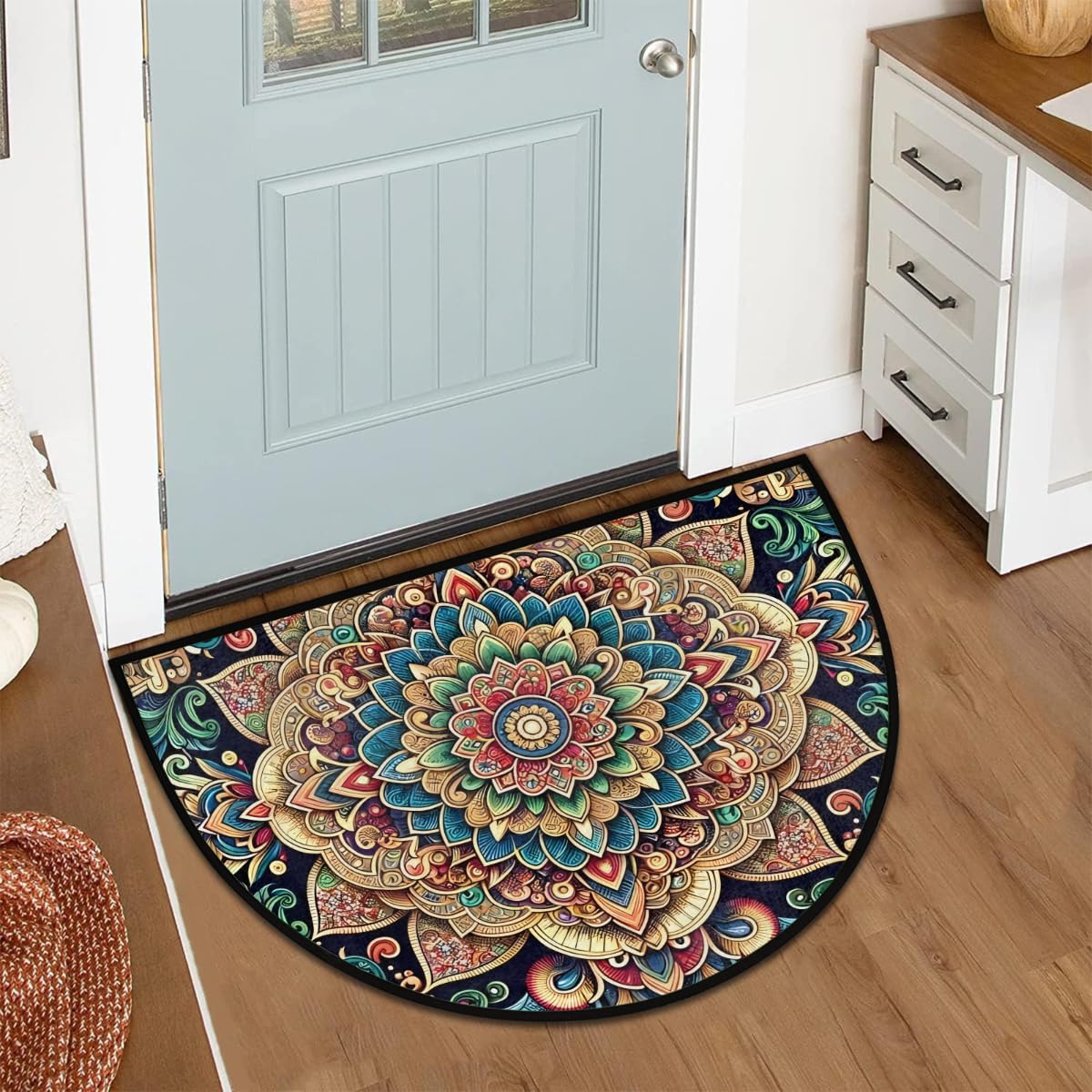 Mandala Rainbow Half Moon Rug Mandala Flower Rainbow Ethnic Half Round Door Mat Washable Half Circle Area Rugs Indoor Entrance Non Slip Semi Circle Bathroom Rugs Floor Carpet for Kithen Bedroom Decor (A:color 6)