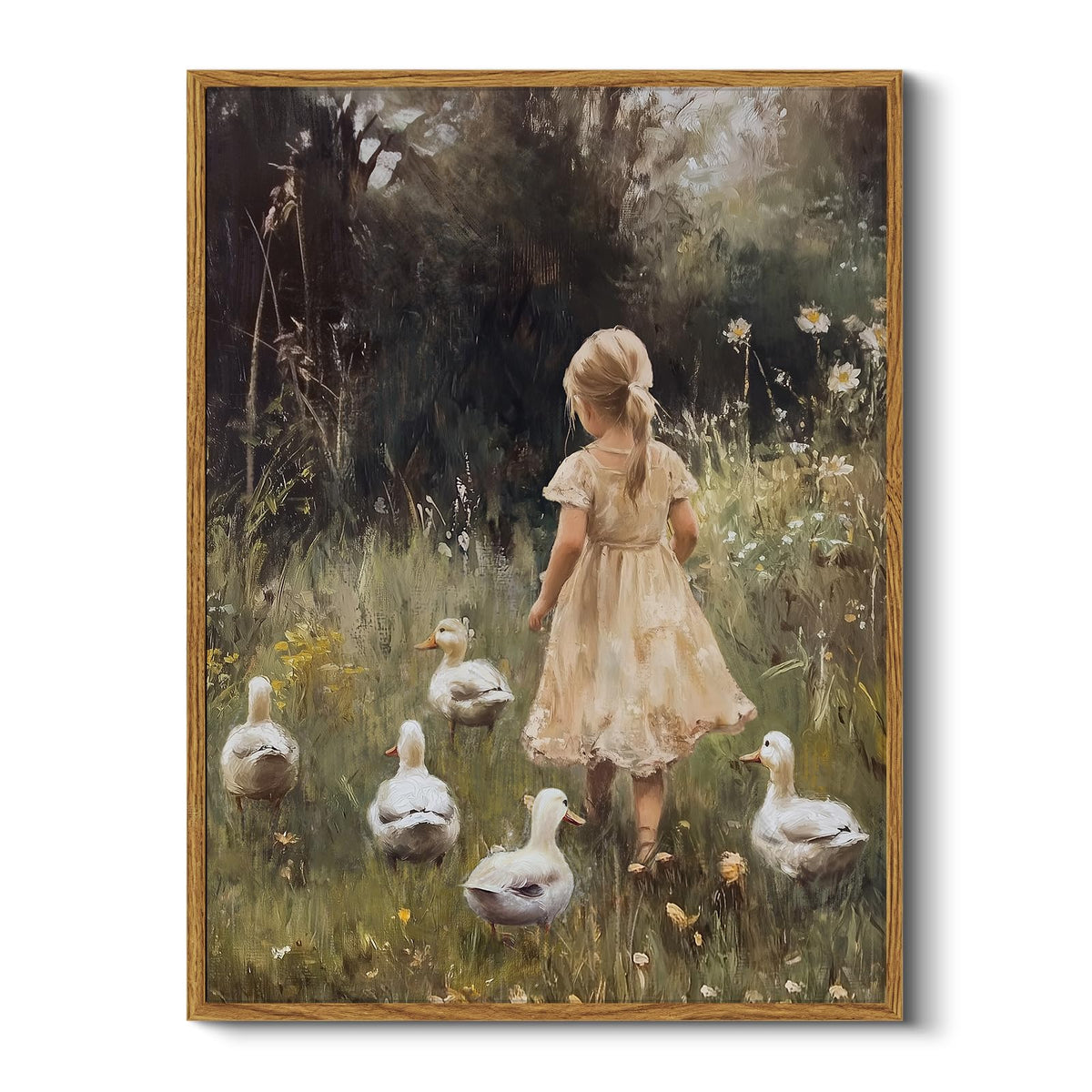 Vintage Spring Girl and Ducks Framed Canvas Wall Art (Girl / 16"L x 12"W)