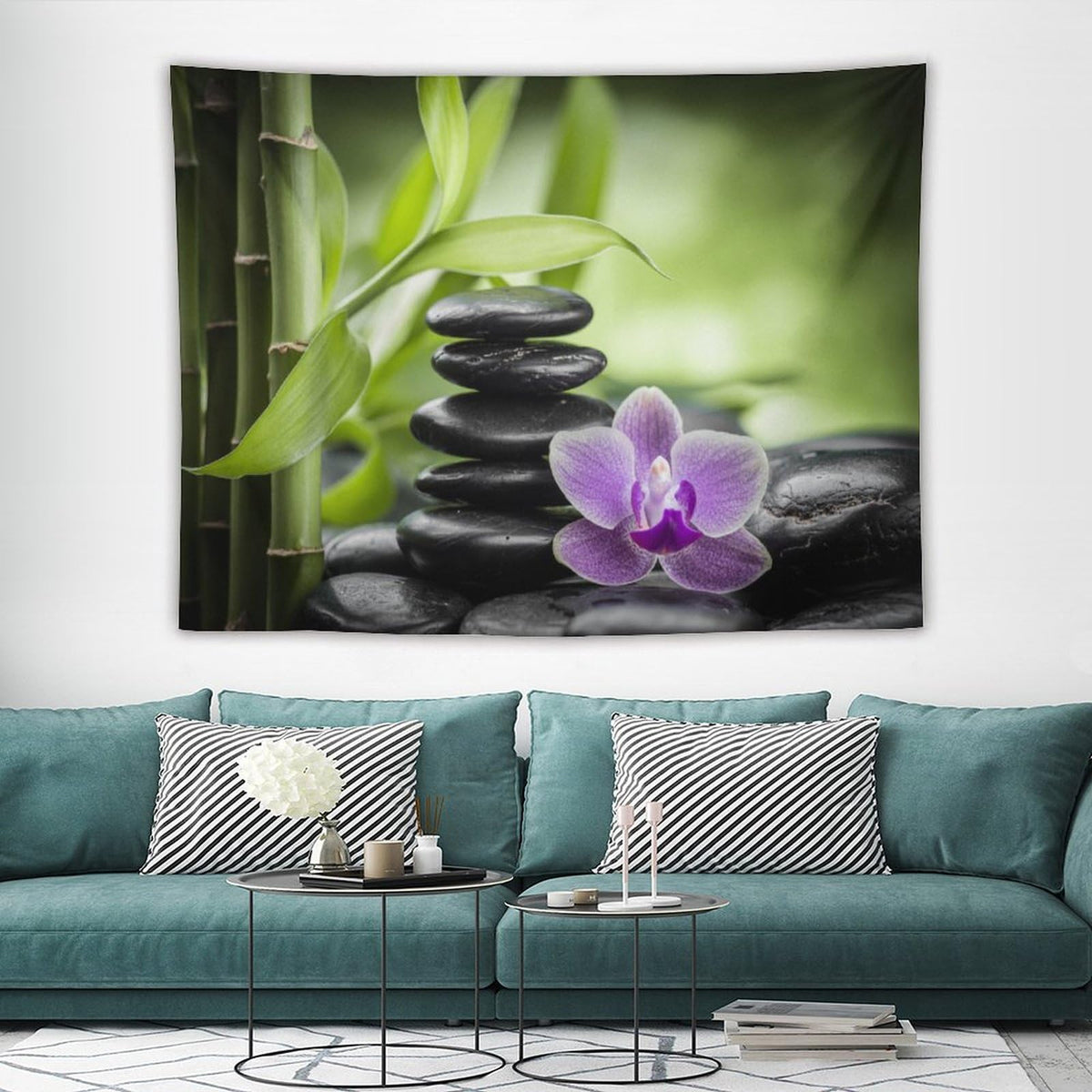 Zen Tapestry Wall Hanging Bamboo Leaves Spa Garden Purple Floral Stones Lotus Flower Japanese Relaxation Meditation Tapestries Home Decor for Living Room Bedroom Kitchen 60"x80" (60"L x 80"W / Zen-10)