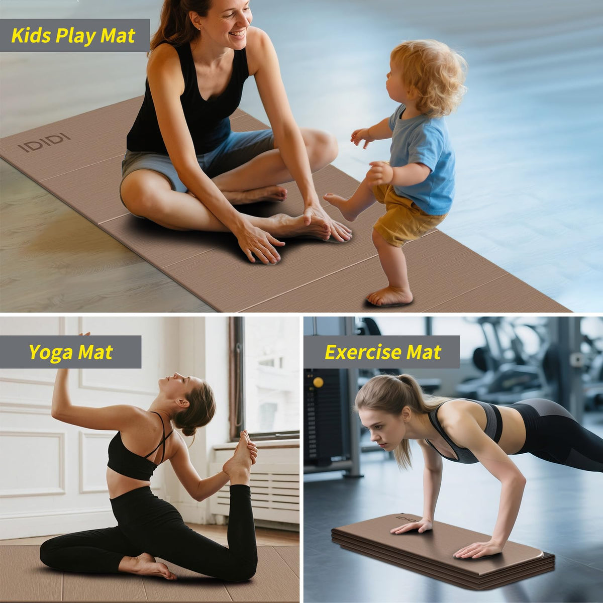 Foldable Yoga Mat Extra Large Wide 74"×31.5" (Brown+Black)