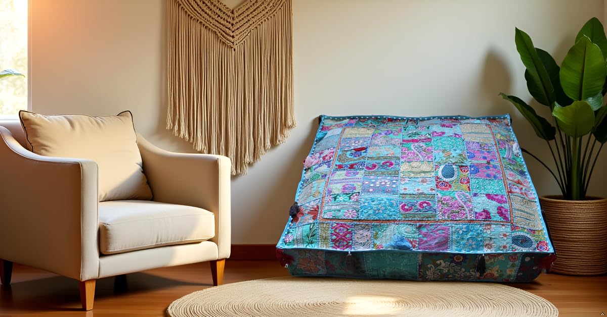 Indian Square Patchwork Traditional Pouf Cover Indian Living Room Poufs Decorative Embroidered Designer Ottoman Home Living Footstool Chair Cover Decor Pillow Cover 35 inches (35"D x 35"W x 5"H / Sky Blue)