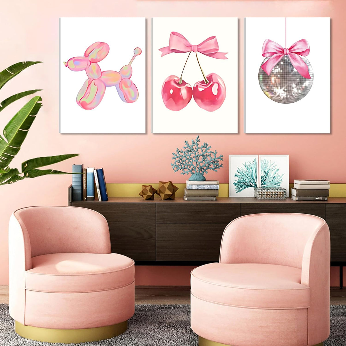 Trendy Pink Bows Canvas Wall Art Set of 3 (Balloon dog canvas / 16L"x12W")