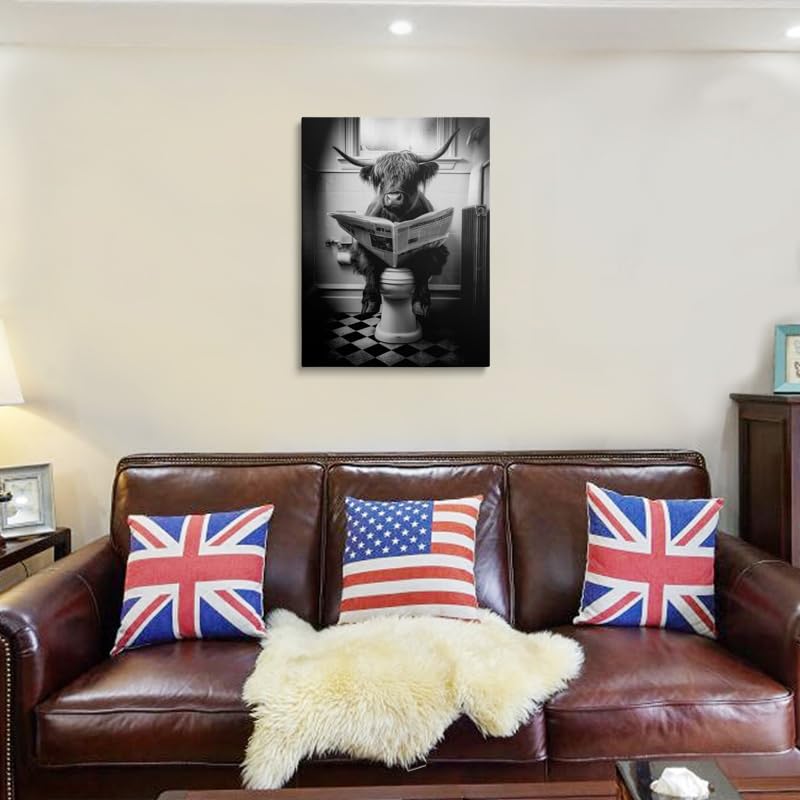 Funny Highland Cow Canvas Wall Art Framed Black and White Photograph Surreal Cow Sitting on Toilet Reading Newspaper Humorous Bathroom Wall Decor Artwork Print Poster 12x16 Inches (Bathroom Cow / 16"L x 12"W)