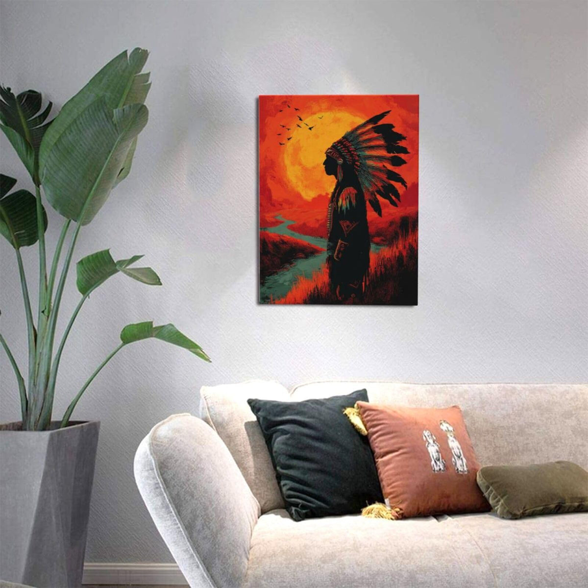 Native American Wall Art Indian Tribe Wall Decor Feather Canvas Pictures Vintage Landscape Paintings Prints Traditional Artwork Framed Decorations For Bathroom Bedroom Living Room Office Gifts 12" x 16" (Native American / 16"L x 12"W)