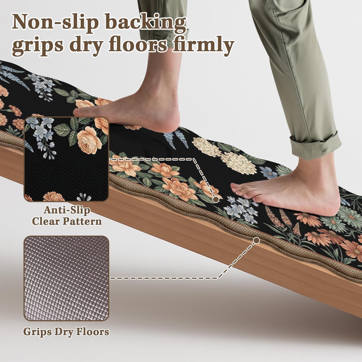 Anti Fatigue Kitchen Mats Set of 2 (Vintage Floral / 17.3''x29.9''+17.3''x47'')