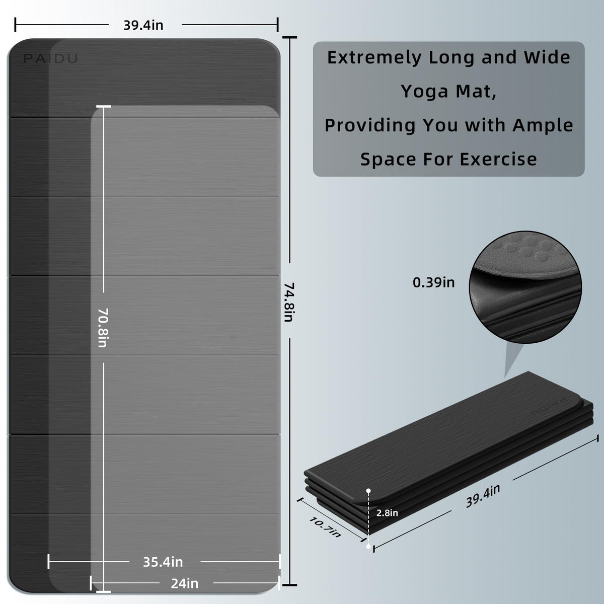 Foldable Yoga Mat 10MM Thick 75‘’x40‘“ Quick Fold Easy Storage (Black)
