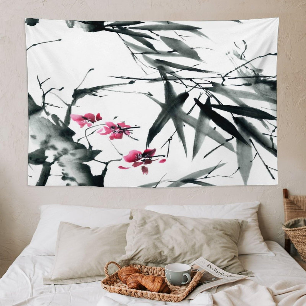 Bamboo Tapestry Wall Hanging Natural Bamboo Stems Cherry Blossom Japanese Inspired Folk Tapestries Home Decor for Living Room Bedroom Apartment Farmhouse Dorm 40"x60" (40"L x 60"W / Bamboo-10)